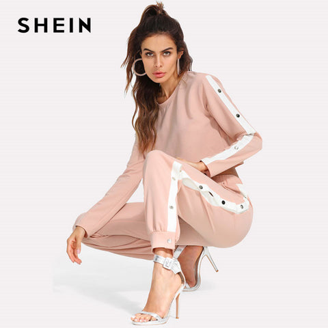 SHEIN Pink Striped Two Piece Set Crop Top With Pants Contrast Tape Split Side Pants Set Long Sleeve Spring 2 Piece Set