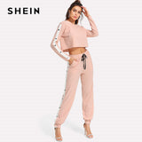 SHEIN Pink Striped Two Piece Set Crop Top With Pants Contrast Tape Split Side Pants Set Long Sleeve Spring 2 Piece Set