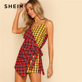 SHEIN Two Tone Plaid Wrap Cami Romper V neck Spaghetti Strap Sleeveless Women Checked Playsuits Casual Patchwork Cotton Romper