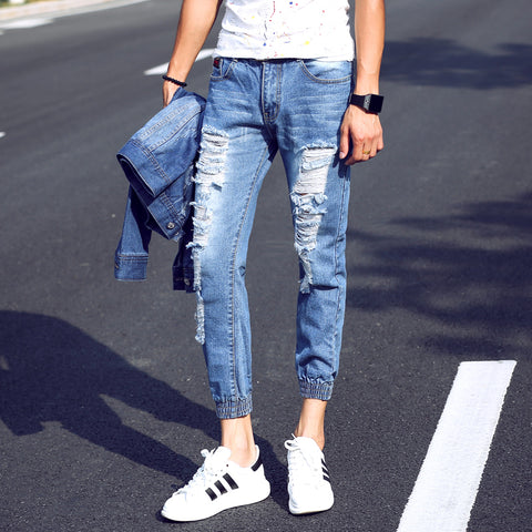 2018 Summer New Men's Jeans Pants Korean Style Ankle-length Blue Ripped Jeans Men Casual Slim Hole Jean Joggers Brand Clothing