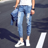 2018 Summer New Men's Jeans Pants Korean Style Ankle-length Blue Ripped Jeans Men Casual Slim Hole Jean Joggers Brand Clothing