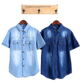 Korean Fashion Mens Denim Short Sleeve Camisa Masculina Casual Button Down Shirt Slim Jean Blouse