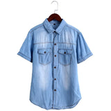 Korean Fashion Mens Denim Short Sleeve Camisa Masculina Casual Button Down Shirt Slim Jean Blouse