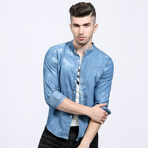 2018 Autumn Mens Denim Shirts Decorative Pockets Blue Color Brand Clothing Man's Long Sleeve Slim Fit Male Cotton Jeans Shirt