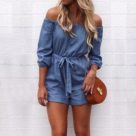 Denim Playsuits 2018 Rompers Womens Jumpsuit Sexy Off Shoulder Slash Neck Solid Half Sleeve Backless Casual Overalls