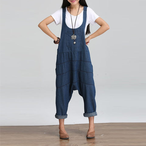 Women Jumpsuit Denim Overalls 2018 Spring Autumn Blue Strap Ripped Pockets Pants Full Length Denim Jeans Loose Harlan Jumpsuit