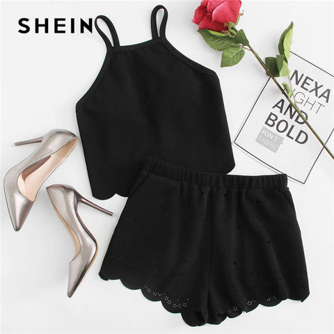 SHEIN Scallop Trim Cami Top And Laser Cut Out Shorts Set 2018 Black Spaghetti Strap Sleeveless Women Stretchy 2 Pieces Sets