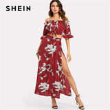 SHEIN Burgundy Crop Bardot Top And High Slit Skirt Set Women Ruffle Off The Shoulder Flare Sleeve Drawstring Boho 2 Piece Sets