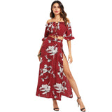 SHEIN Burgundy Crop Bardot Top And High Slit Skirt Set Women Ruffle Off The Shoulder Flare Sleeve Drawstring Boho 2 Piece Sets