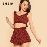 SHEIN Ruffle Trim Polka Dot Bustier Top & Shorts Set 2018 Women Burgundy Sleeveless Embroidery Wide Leg Vacation 2 Pieces Sets