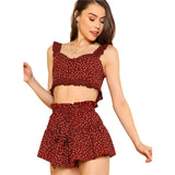 SHEIN Ruffle Trim Polka Dot Bustier Top & Shorts Set 2018 Women Burgundy Sleeveless Embroidery Wide Leg Vacation 2 Pieces Sets