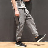 Men's Hip Hop Streetwear Pants Ankle-Length Side Strip Mens Cotton Linen Harem Pants Casual Japanese Loose Fit Joggers Trousers