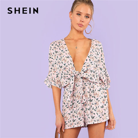 SHEIN Knot Front Plunging Neck Romper Women Deep V Neck Batwing Sleeve High Waist Boho Playsuits 2018 Sexy Wide Leg Romper