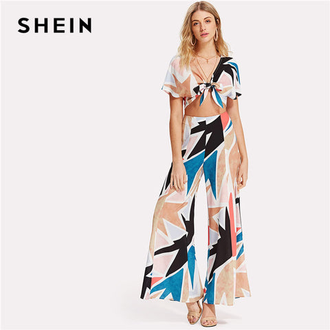 SHEIN Knot Front Bow Crop Top And Wide Leg Pants Set 2018 Women Geometric Deep V Neck Short Sleeve Zipper Wide Leg 2 Pieces Sets