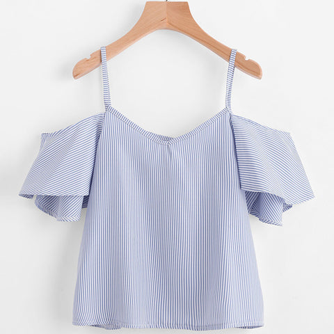 Women Summer Pinstripe Blouse Cold Shoulder Top