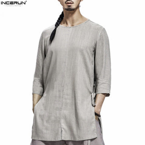 Retro Vintage Shirts Men's Casual Cotton Linen 3/4 Sleeves Shirts Chinese Style Collarless Shirt Men Solid Color Casual Shirts