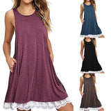 Women O Neck Casual Lace Sleeveless Above Knee Dress Loose Party Dress