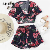 SHEIN Knot Floral Top & Ruffle Hem Shorts Set Women V neck Short Sleeve Ruffle 2 Pieces Sets 2018 Beach Vacation Twopieces