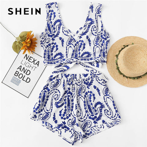 SHEIN Crisscross V Neck Porcelain Print Top & Shorts Set 2018 Summer Staggered Vest With Shorts Women Blue Print Twopieces