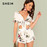 SHEIN Floral Print Knot Front Top And Ruffled Shorts Set 2018 Summer Deep V Neck Top With Shorts Women Vacation Beach Twopieces