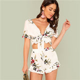 SHEIN Floral Print Knot Front Top And Ruffled Shorts Set 2018 Summer Deep V Neck Top With Shorts Women Vacation Beach Twopieces
