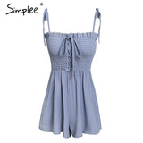 Simplee Strap lace up ruched sexy jumpsuit romper Elastic high waist summer jumpsuit women Sleeveless sweet bech playsuit female