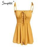 Simplee Strap lace up ruched sexy jumpsuit romper Elastic high waist summer jumpsuit women Sleeveless sweet bech playsuit female