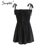 Simplee Strap lace up ruched sexy jumpsuit romper Elastic high waist summer jumpsuit women Sleeveless sweet bech playsuit female