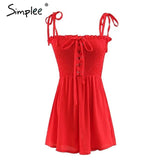 Simplee Strap lace up ruched sexy jumpsuit romper Elastic high waist summer jumpsuit women Sleeveless sweet bech playsuit female