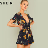 SHEIN Summer Beach Boho Print Deep V Neck Mid Waist Playsuits Women Flounce Sleeve Tie Waist Frill Trim Floral Belted Rompers