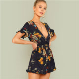 SHEIN Summer Beach Boho Print Deep V Neck Mid Waist Playsuits Women Flounce Sleeve Tie Waist Frill Trim Floral Belted Rompers