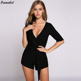 Romper V-Neck Half Sleeves Solid Deep With Belt