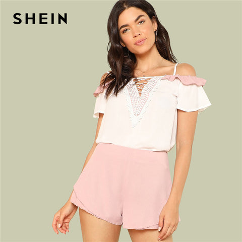 SHEIN Boho Multicolor Floral Spaghetti Strap Vacation Open Shoulder Crisscross Women Two Piece Set Top & Ruffle Hem Shorts Set