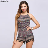 Pants Sleeveless Straight Halter Tassel Printed Rompers