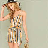 SHEIN Spaghetti Strap 2018 Summer Beach Boho Women Playsuits Mid Waist Elastic Belted Striped Wrap Casual Vacation Cami Romper