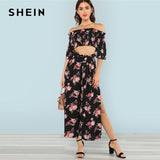 SHEIN Flounce Sleeve Floral Bardot Top And Pants Set 2018 Off the Shoulder Half Sleeve Top With Pants Women Vacation Twopiece