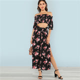 SHEIN Flounce Sleeve Floral Bardot Top And Pants Set 2018 Off the Shoulder Half Sleeve Top With Pants Women Vacation Twopiece