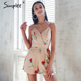 Simplee Sexy v neck print boho jumpsuit romper Backless tie up short jumpsuit women Pleated high waist casual summer playsuit