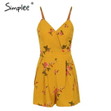 Simplee Sexy v neck print boho jumpsuit romper Backless tie up short jumpsuit women Pleated high waist casual summer playsuit