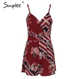 Simplee Sexy v neck print boho jumpsuit romper Backless tie up short jumpsuit women Pleated high waist casual summer playsuit