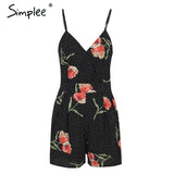 Simplee Sexy v neck print boho jumpsuit romper Backless tie up short jumpsuit women Pleated high waist casual summer playsuit