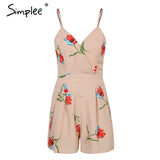 Simplee Sexy v neck print boho jumpsuit romper Backless tie up short jumpsuit women Pleated high waist casual summer playsuit
