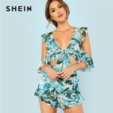 SHEIN Multicolor Deep V Neck Sexy Boho Bohemian Vacation Two Piece Sets Women Tropical Print Knot Crop Ruffle Top & Shorts Set